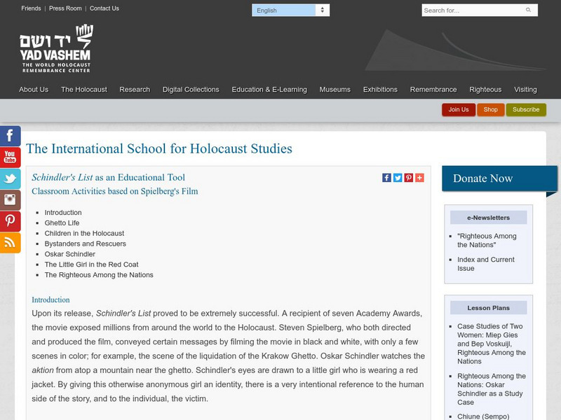 Yad Vashem: Schindler's List as an Educational Tool Lesson Plan