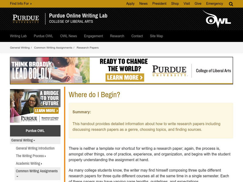 Purdue University Owl: Where Do I Begin? Handout Purdue University Owl: Where Do I Begin? Handout