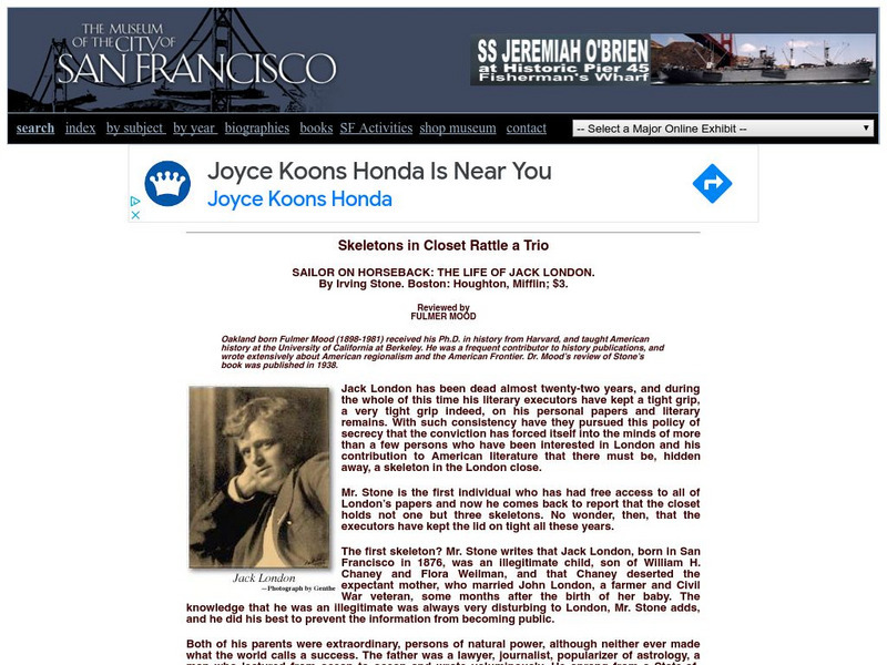 Skeletons in Closet Rattle a Trio: Sailor on Horseback: The Life of Jack London Website