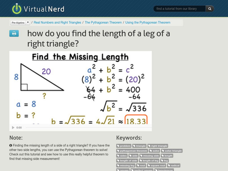 Virtual Nerd: How Do You Find the Length of a Leg of a Right Triangle? Instructional Video