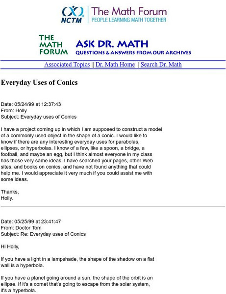 The Math Forum: Everyday Appearances of Conics Website The Math Forum: Everyday Appearances of Conics Website