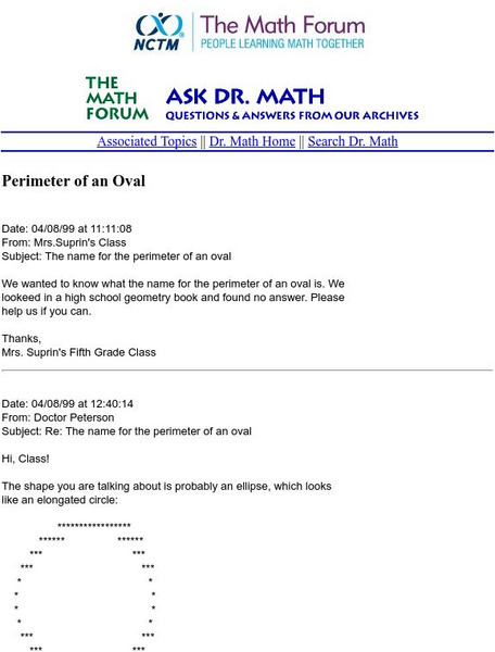 The Math Forum: Perimeter of an Oval Website