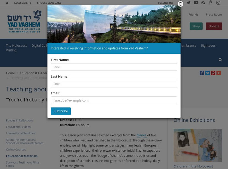 Yad Vashem: Children's Diaries During the Holocaust Lesson Plan Yad Vashem: Children's Diaries During the Holocaust Lesson Plan