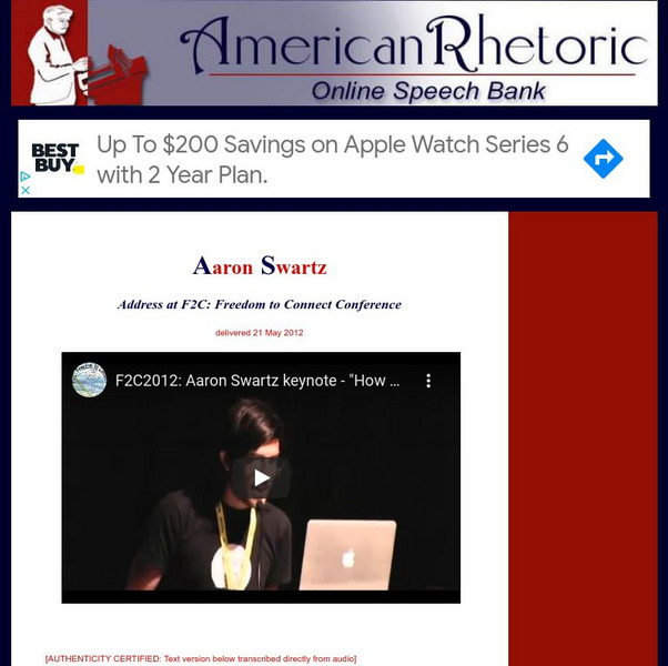 American Rhetoric: Aaron Swartz: Address at F2 C: Freedom to Connect Conference Primary American Rhetoric: Aaron Swartz: Address at F2 C: Freedom to Connect Conference Primary