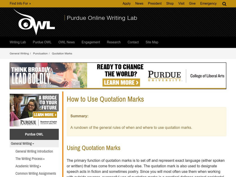 Purdue University Owl: Quotation Marks Handout Purdue University Owl: Quotation Marks Handout