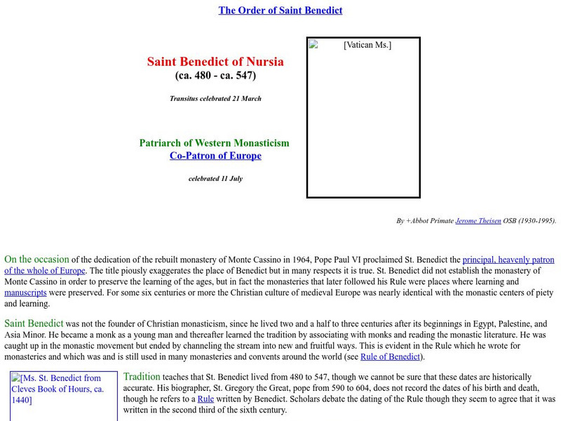 The Order of St. Benedict: Saint Benedict of Nursia Handout The Order of St. Benedict: Saint Benedict of Nursia Handout