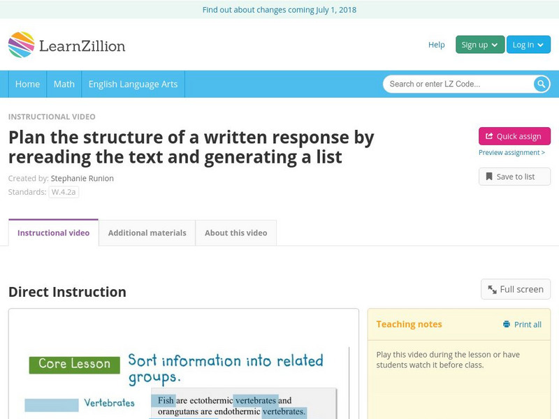 Learn Zillion: Plan Structure of a Written Response by Generating a List Instructional Video Learn Zillion: Plan Structure of a Written Response by Generating a List Instructional Video