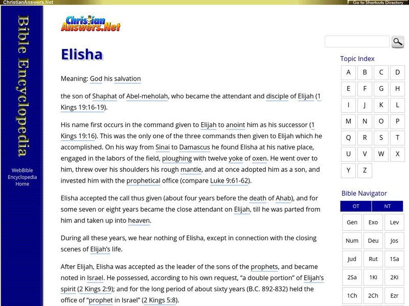 Web Bible Encyclopedia: Elisha Handout Web Bible Encyclopedia: Elisha Handout