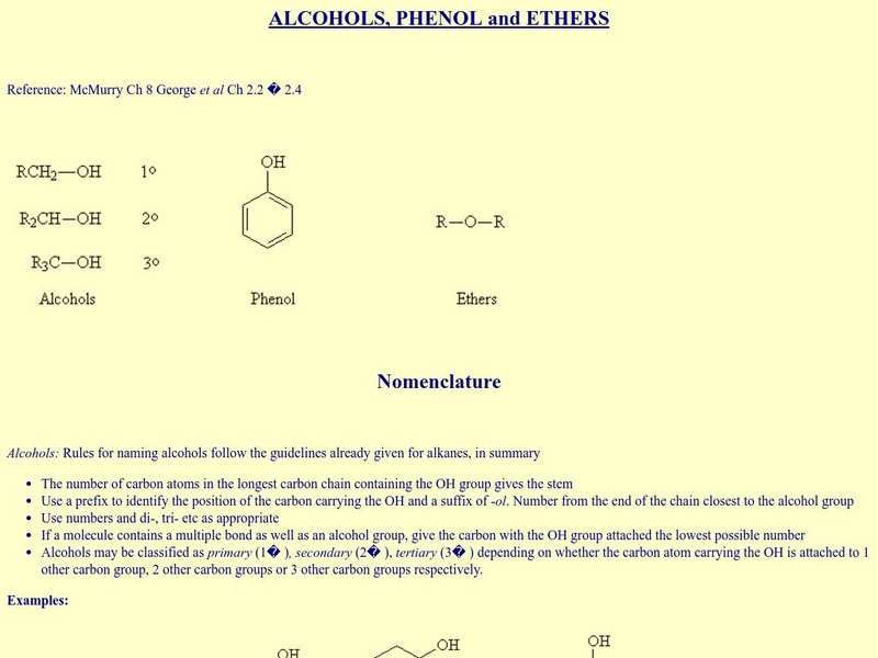 School of Chemistry: Alcohol, Phenols, and Ethers Handout
