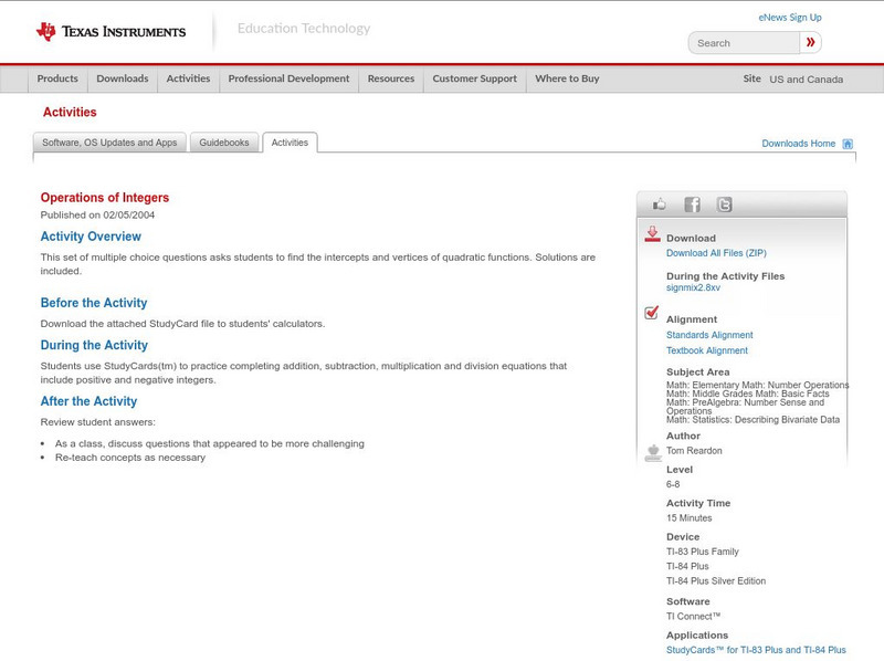 Texas Instruments: Operations of Integers Activity Texas Instruments: Operations of Integers Activity