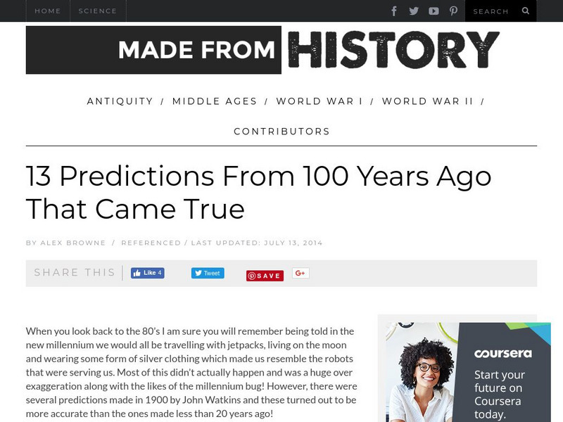 Made From History: 13 Predictions From 100 Years Ago That Came True Handout Made From History: 13 Predictions From 100 Years Ago That Came True Handout
