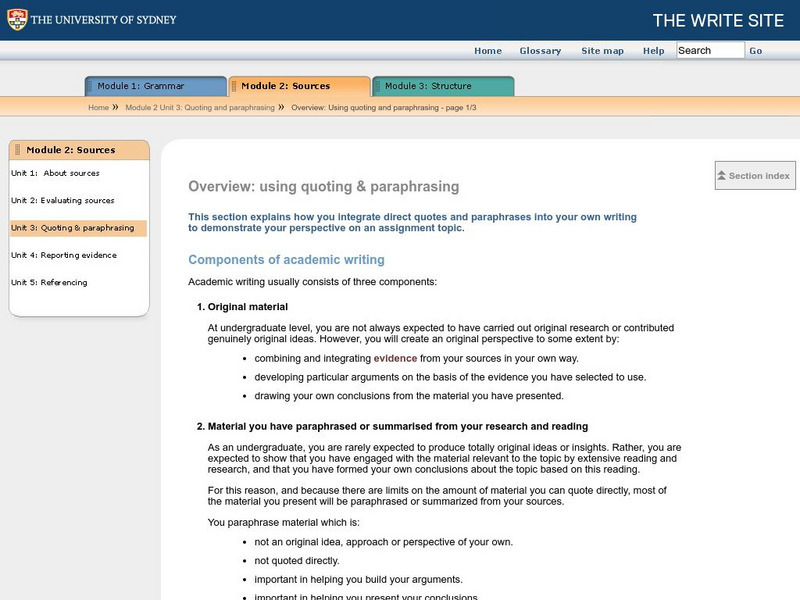 The Write Site: Overview: Using Quoting & Paraphrasing Unit Plan The Write Site: Overview: Using Quoting & Paraphrasing Unit Plan