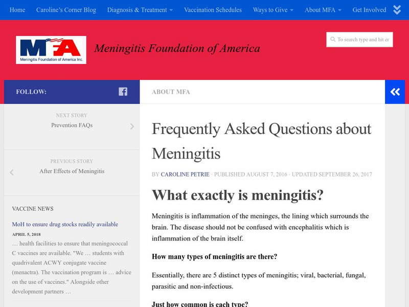 Meningitis Foundation of America: Frequently Asked Questions About Meningitis Handout