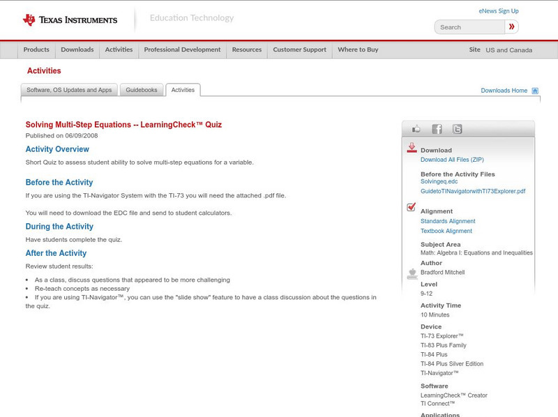 Texas Instruments: Solving Equations Quiz Activity Texas Instruments: Solving Equations Quiz Activity