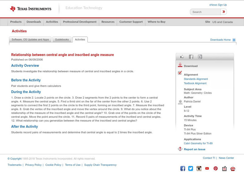 Texas Instruments: Relation Between Central Angle and Inscribed Angle Measure Activity Texas Instruments: Relation Between Central Angle and Inscribed Angle Measure Activity