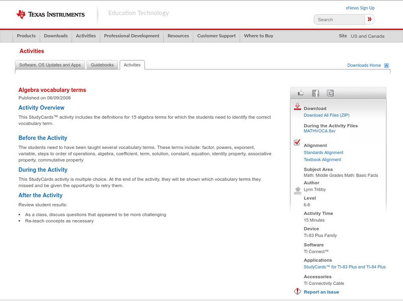 Texas Instruments: Algebra Vocabulary Terms Activity Texas Instruments: Algebra Vocabulary Terms Activity