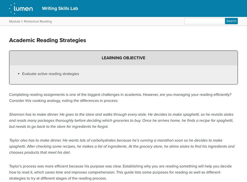 Lumen: Rhetorical Reading: Academic Reading Strategies Lesson Plan Lumen: Rhetorical Reading: Academic Reading Strategies Lesson Plan