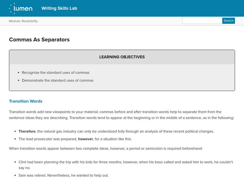 Lumen: Readability: Commas as Separators Lesson Plan Lumen: Readability: Commas as Separators Lesson Plan