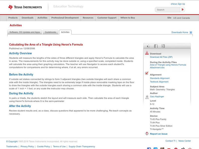 Texas Instruments: Calculating the Area of a Triangle Using Heron's Formula Activity