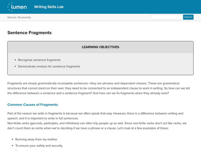 Lumen: Readability: Sentence Fragments Lesson Plan Lumen: Readability: Sentence Fragments Lesson Plan