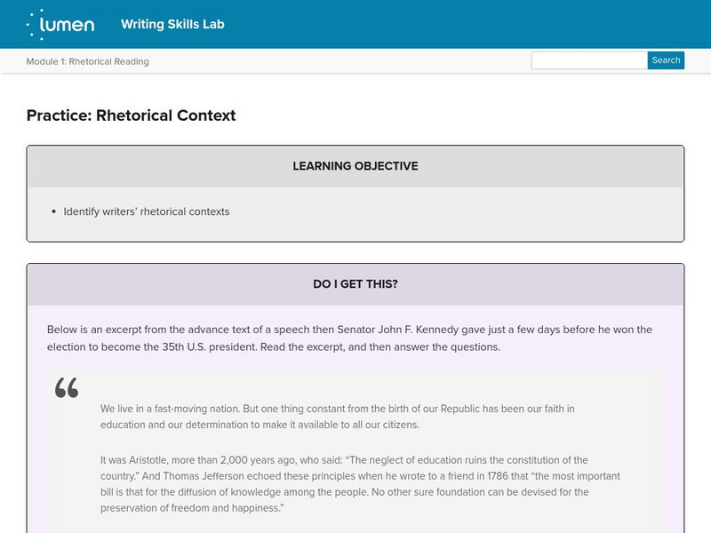Lumen: Rhetorical Reading: Practice: Rhetorical Context Activity Lumen: Rhetorical Reading: Practice: Rhetorical Context Activity