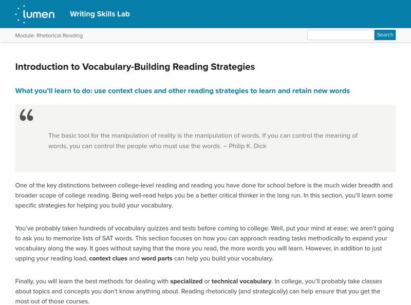 Lumen: Rhetorical Reading: Intro to Vocabulary Building Reading Strategies Lesson Plan Lumen: Rhetorical Reading: Intro to Vocabulary Building Reading Strategies Lesson Plan