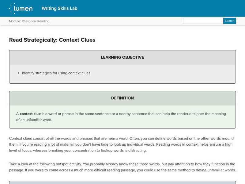 Lumen: Rhetorical Reading: Read Strategically: Context Clues Lesson Plan Lumen: Rhetorical Reading: Read Strategically: Context Clues Lesson Plan