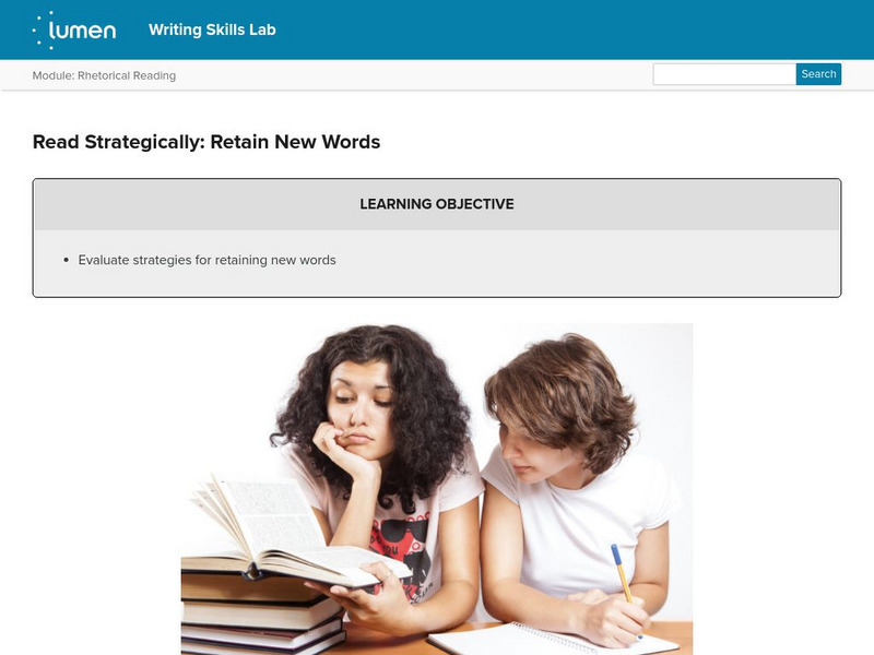 Lumen: Rhetorical Reading: Read Strategically: Retain New Words Lesson Plan Lumen: Rhetorical Reading: Read Strategically: Retain New Words Lesson Plan