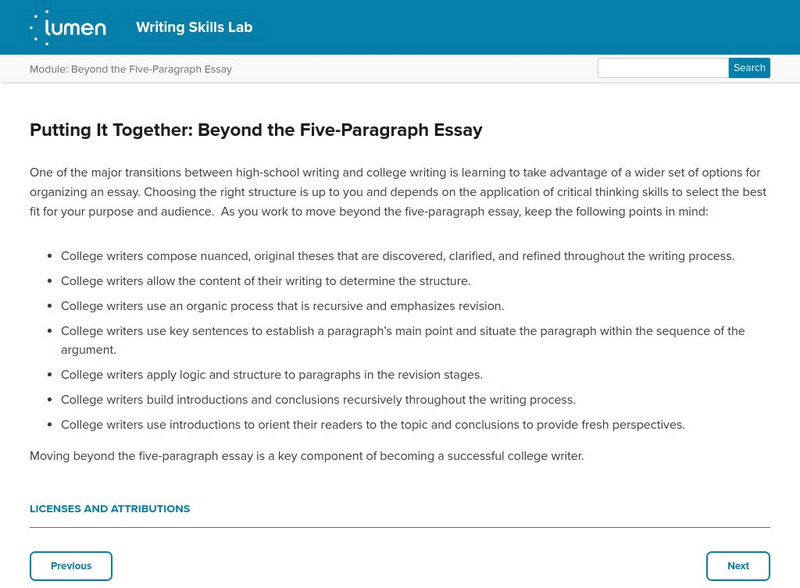 Lumen: Putting It Together: Beyond the Five Paragraph Essay Lesson Plan Lumen: Putting It Together: Beyond the Five Paragraph Essay Lesson Plan