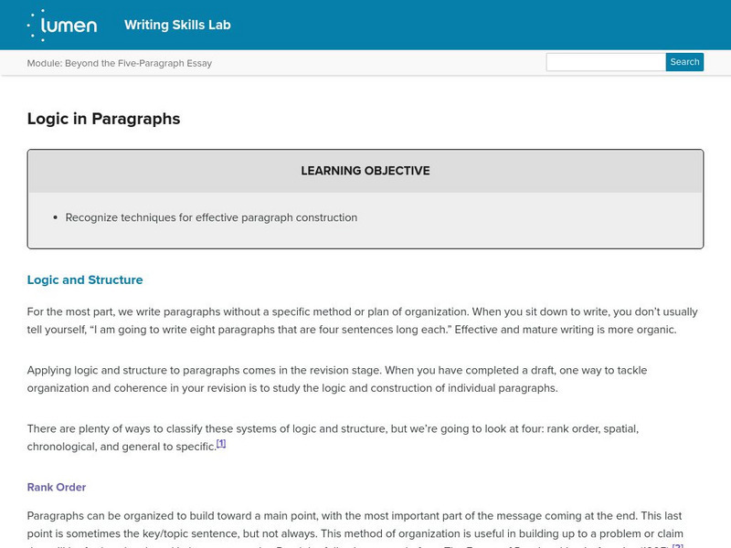 Lumen: Writing Skills: Logic in Paragraphs Lesson Plan Lumen: Writing Skills: Logic in Paragraphs Lesson Plan