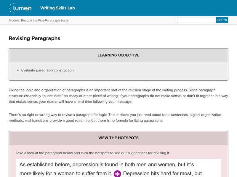 Lumen: Writing Skills: Revising Paragraphs Lesson Plan Lumen: Writing Skills: Revising Paragraphs Lesson Plan