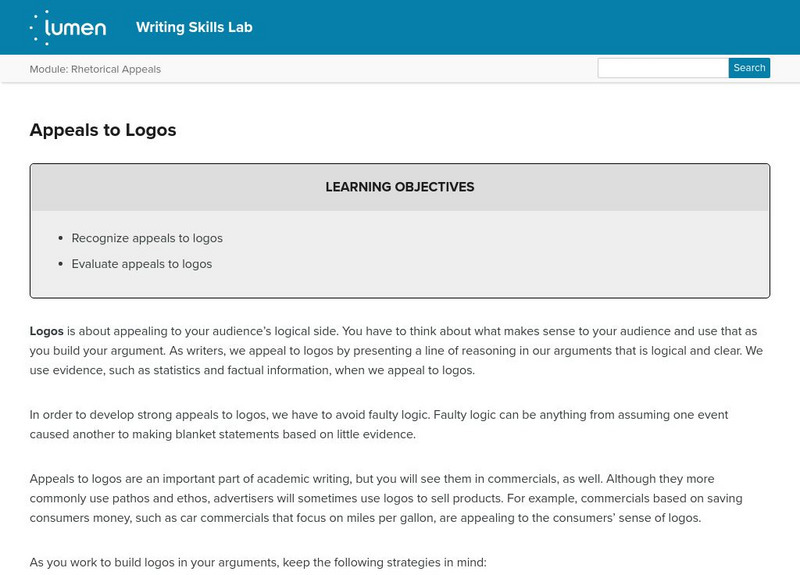 Lumen: Rhetorical Appeals: Appeals to Logos Lesson Plan Lumen: Rhetorical Appeals: Appeals to Logos Lesson Plan