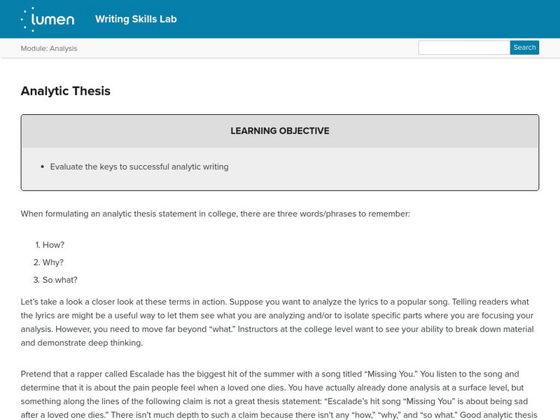 Lumen: Analysis: Analytic Thesis Lesson Plan Lumen: Analysis: Analytic Thesis Lesson Plan