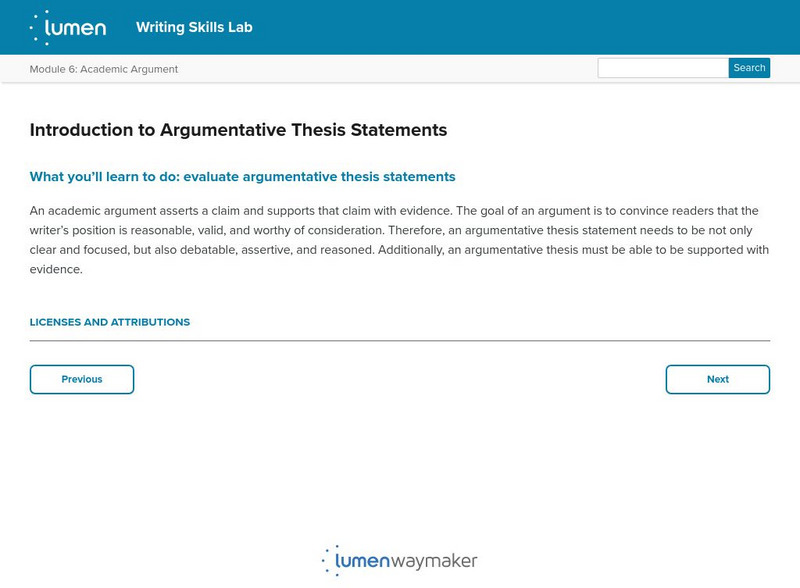 Lumen: Academic Argument: Introduction to Argumentative Thesis Statements Article