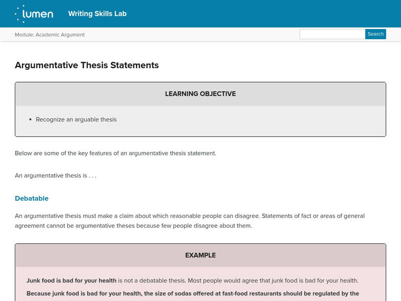 Lumen: Academic Argument: Argumentative Thesis Statements Lesson Plan Lumen: Academic Argument: Argumentative Thesis Statements Lesson Plan
