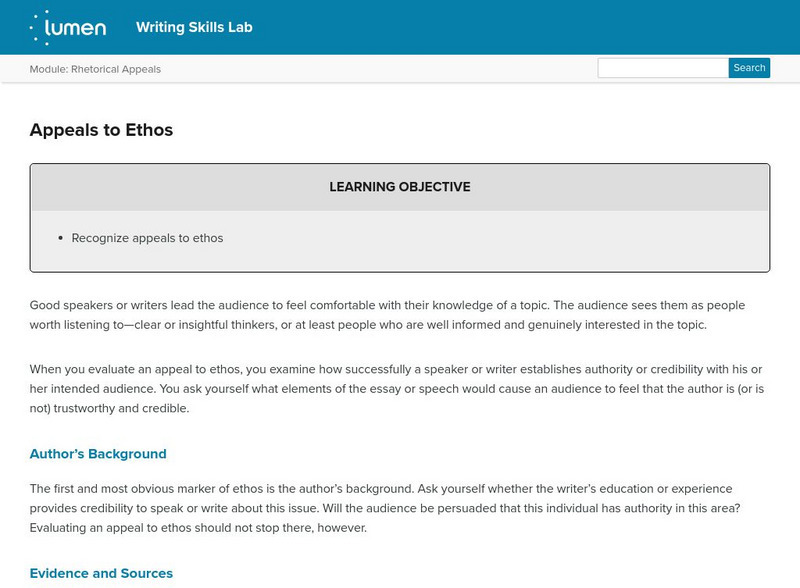 Lumen: Rhetorical Appeals: Appeals to Ethos Lesson Plan Lumen: Rhetorical Appeals: Appeals to Ethos Lesson Plan