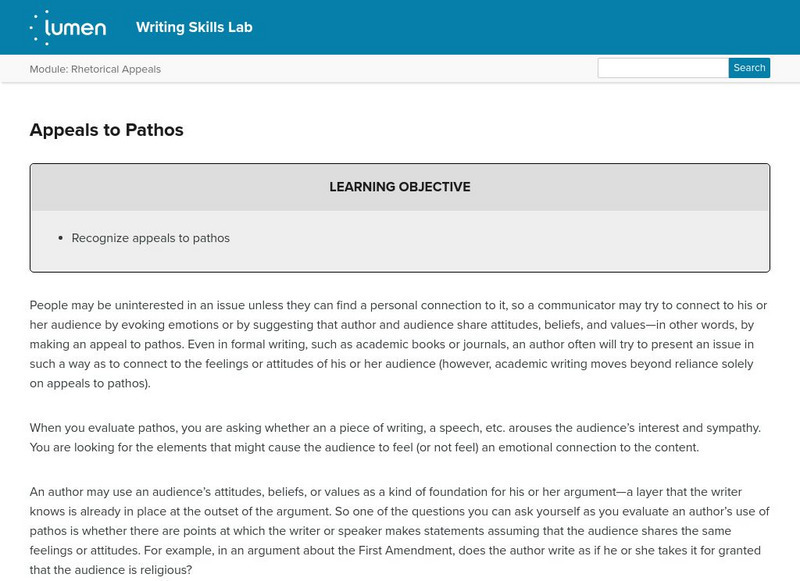Lumen: Rhetorical Appeals: Appeals to Pathos Lesson Plan Lumen: Rhetorical Appeals: Appeals to Pathos Lesson Plan