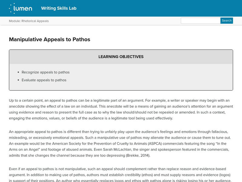 Lumen: Rhetorical Appeals: Manipulative Appeals to Pathos Lesson Plan Lumen: Rhetorical Appeals: Manipulative Appeals to Pathos Lesson Plan
