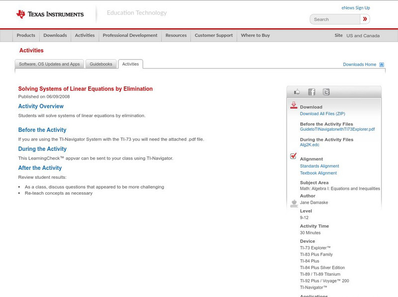 Texas Instruments: Solving Systems of Linear Equations by Elimination Activity Texas Instruments: Solving Systems of Linear Equations by Elimination Activity