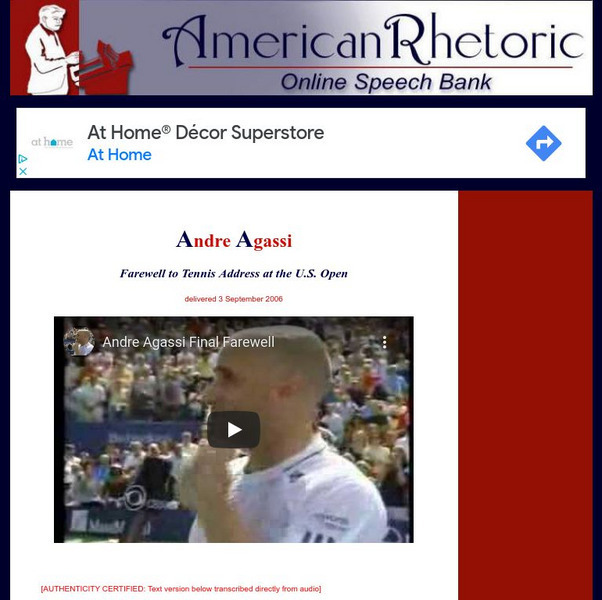 American Rhetoric: Andre Agassi Farewell to Tennis Address at the u.s. Open Primary American Rhetoric: Andre Agassi Farewell to Tennis Address at the u.s. Open Primary