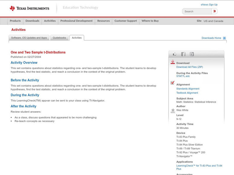 Texas Instruments: One and Two Sample T Distributions Activity Texas Instruments: One and Two Sample T Distributions Activity