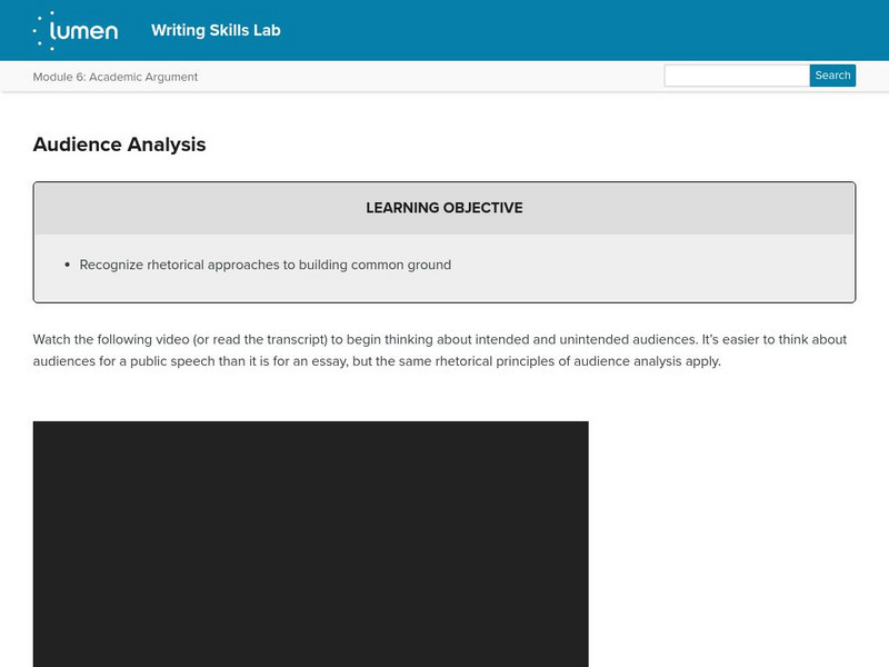 Lumen: Writing Skills: Audience Analysis Lesson Plan Lumen: Writing Skills: Audience Analysis Lesson Plan