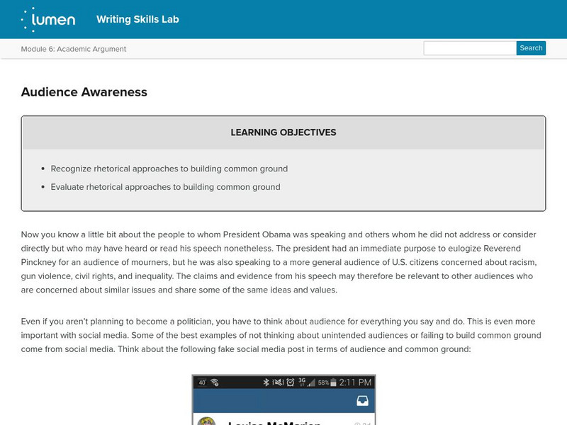 Lumen: Writing Skills: Audience Awareness Lesson Plan Lumen: Writing Skills: Audience Awareness Lesson Plan