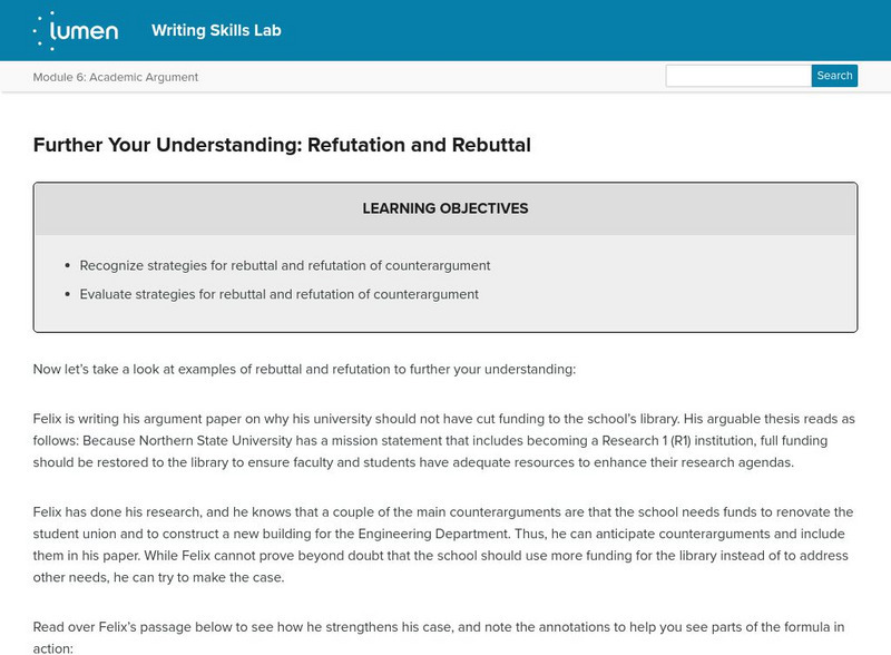 Lumen: Writing Skills: Further Your Understanding: Refutation and Rebuttal Lesson Plan Lumen: Writing Skills: Further Your Understanding: Refutation and Rebuttal Lesson Plan