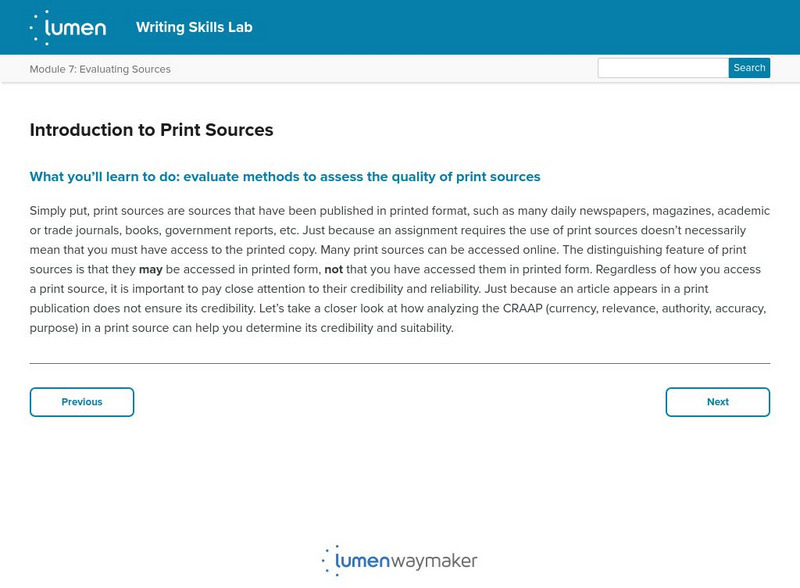 Lumen: Evaluating Sources: Introduction to Print Sources Article Lumen: Evaluating Sources: Introduction to Print Sources Article
