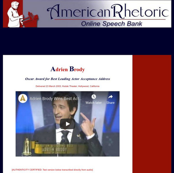 American Rhetoric: Adrien Brody: Oscar Award for Best Actor Acceptance Address Primary