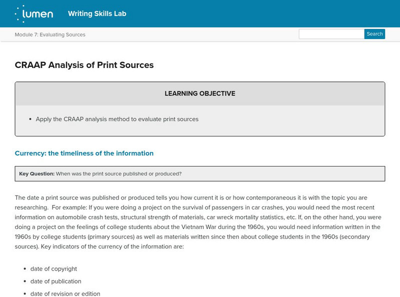 Lumen: Evaluating Sources: Craap Analysis of Print Sources Lesson Plan Lumen: Evaluating Sources: Craap Analysis of Print Sources Lesson Plan