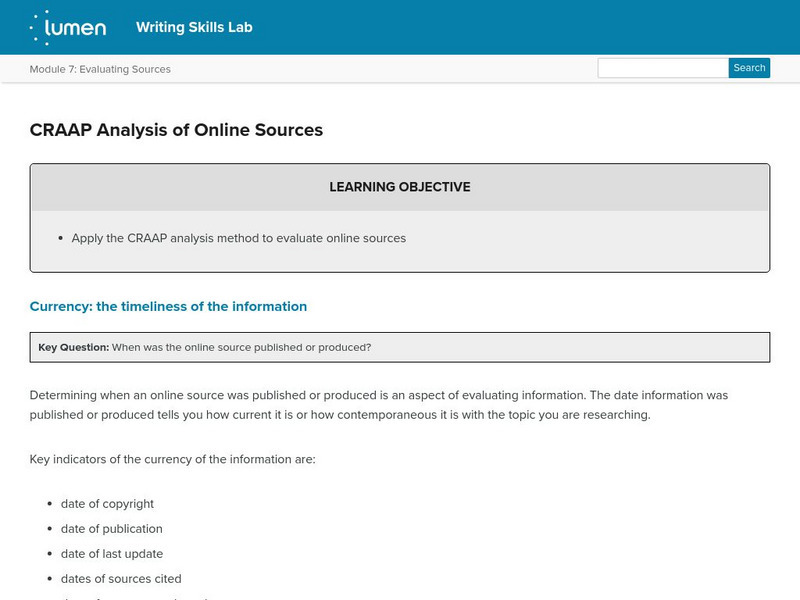 Lumen: Evaluating Sources: Craap Analysis of Online Sources Lesson Plan Lumen: Evaluating Sources: Craap Analysis of Online Sources Lesson Plan