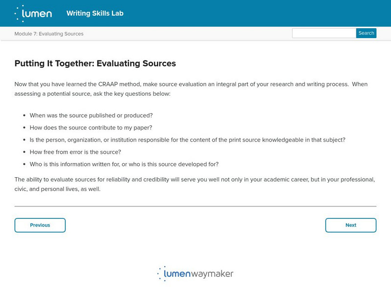 Lumen: Evaluating Sources: Putting It Together: Evaluating Sources Article Lumen: Evaluating Sources: Putting It Together: Evaluating Sources Article