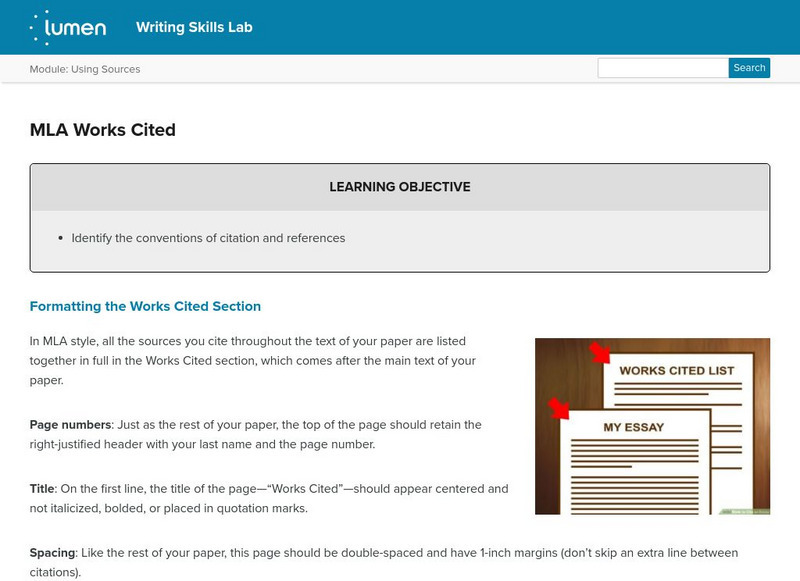 Lumen: Using Sources: Mla Works Cited Lesson Plan